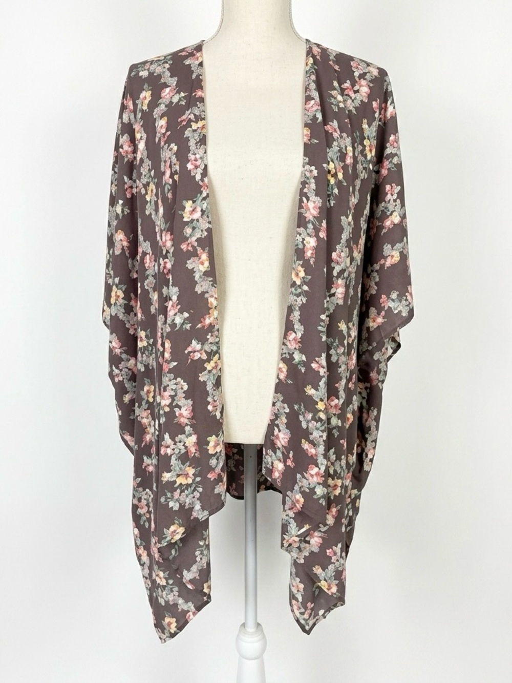 Maurices Floral Open Front Kimono in Mauve and Coral